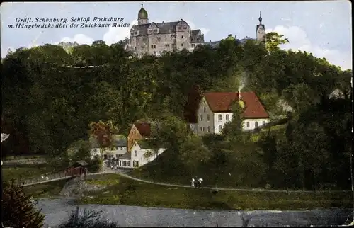 Ak Rochsburg Lunzenau in Sachsen, Schloss, Hängebrücke, Wohnhäuser