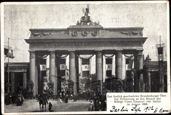 Ak Berlin Festlich Geschmucktes Brandenburger Tor Besuch Konig Victor Emanuel 1902 Nr Oldthing Ansichtskarten Postleitzahl 10 19