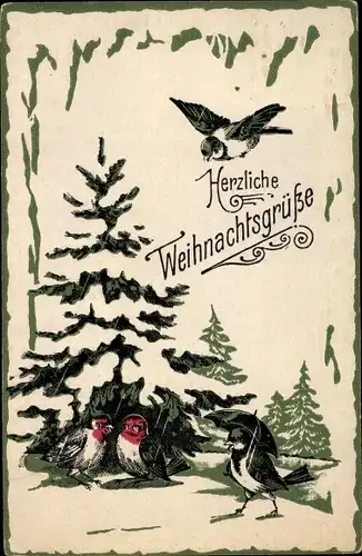 Winter Präge Litho Glückwunsch Weihnachten, Schneebedeckter Tannenbaum, Vögel