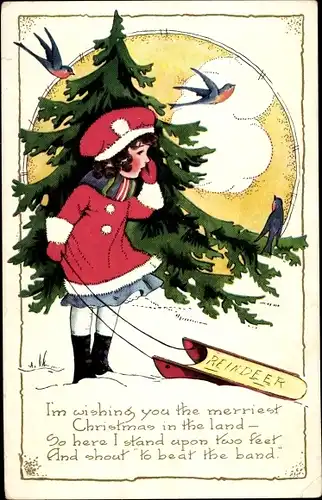 Präge Ak Glückwunsch Weihnachten, Mädchen mit Schlitten, Tannenbaum, Vögel