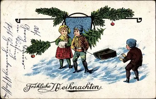 Präge Litho Glückwunsch Weihnachten, Junge und Mädchen mit Schlitten und Tannenbaum