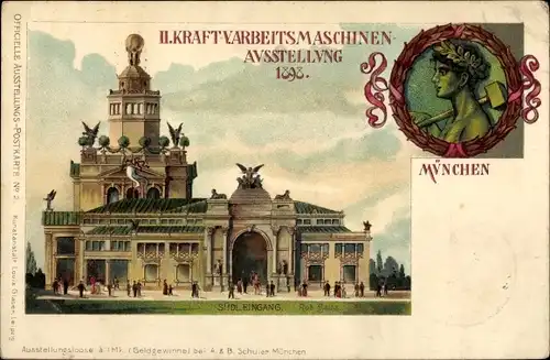 Litho München, II. Kraft- und Arbeitsmaschinen Ausstellung 1898, Südeingang 