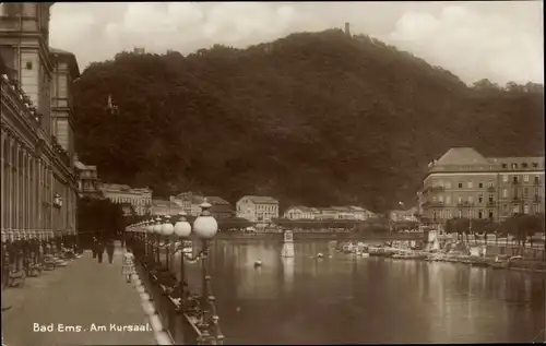 Ak Bad Ems an der Lahn, Am Kursaal, Uferpromenade, Brücke, Anlegestelle