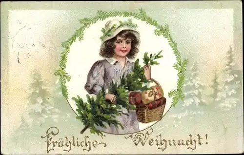 Präge Litho Glückwunsch Weihnachten, Mädchen mit Tannenbaum und Geschenken im Korb