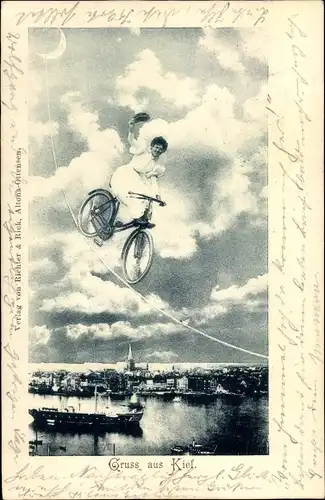 Ak Kiel in Schleswig Holstein, Frau balanciert mit Rad auf Seil zum Mond, Hochseil, Fotomontage