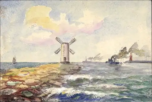 Künstler Ak Hafenausfahrt, Leuchtturm, Windmühle, Dampfer