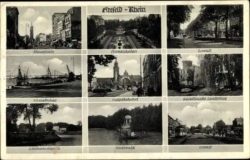 Ak Krefeld am Niederrhein, Rheinstraße, Birmarckplatz, Ostwall, Bahnhof, Brücke, Quelle, Landesburg