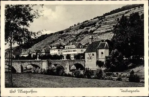 Ak Bad Mergentheim in Tauberfranken, Teilansicht, Flusspartie, Brücke