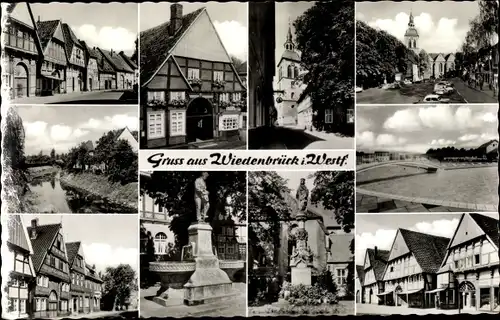 Ak Wiedenbrück Nordrhein Westfalen, Brunnen, Denkmal, Fluss, Brücke, alte Häuser, Straßenpartie