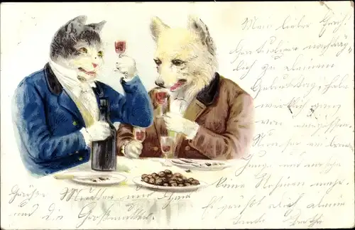 Litho Vermenschlichte Tiere, Katze und Hund trinken Wein
