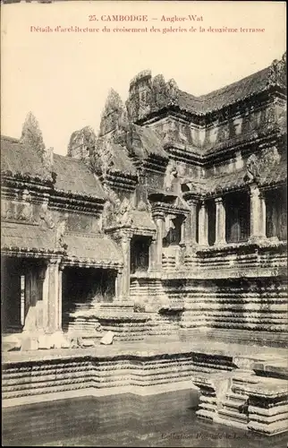 Ak Angkor Wat Kambodscha, Détails d'architecture du croisement des galeries de la deuxième terrasse
