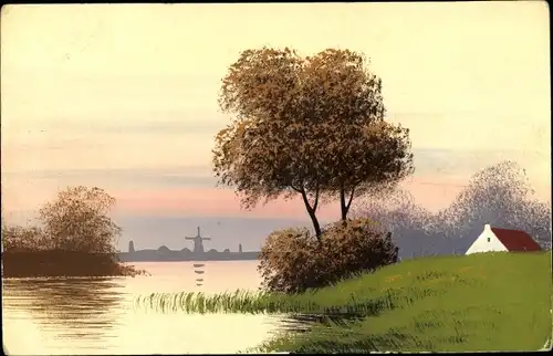 Handgemalt Ak Flusslandschaft, Herbst, Dämmerung, Windmühle