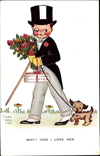 Künstler Ak Rose, Freda Mabel, Mann mit Zylinder, Blumenstrauß, Pralinen und Hund