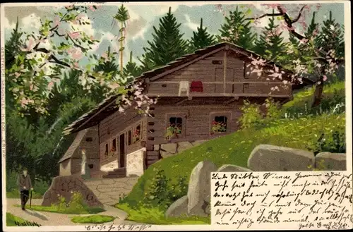 Künstler Ak Mailick, Haus am Berghang, Baumblüte