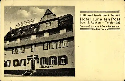 Ak Nastätten im Rhein Lahn Kreis, Hotel zur alten Post, Bes. E. Recken