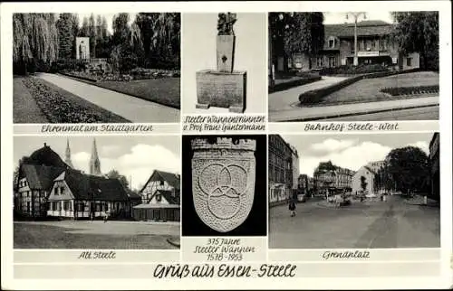 Wappen Ak Steele Essen Nordrhein Westfalen, Bahnhof, Grendplatz, Ehrenmal, Stadtgarten, Brunnen