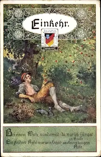 Künstler Ak Einkehr, Bei einem Wirte wundermild, Mann liegt unter einem Apfelbaum