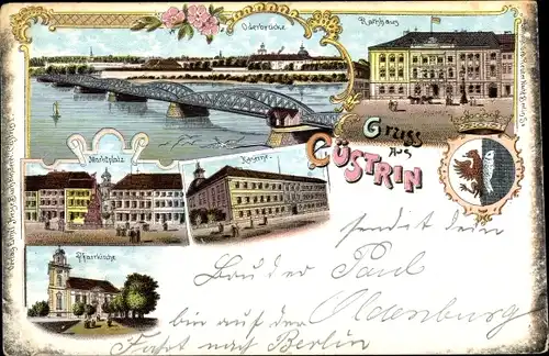 Litho Kostrzyn nad Odrą Cüstrin Ostbrandenburg, Oderbrücke, Rathaus, Marktplatz, Kaserne,Pfarrkirche