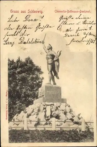 Ak Schleswig in Schleswig Holstein, Blick aufs Chemnitz Bellmann Denkmal