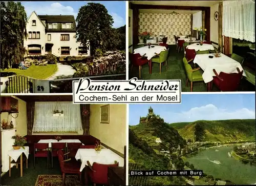 Ak Sehl Cochem an der Mosel, Pension Schneider, Außen- u. Innenansicht, Panorama vom Ort mit Burg