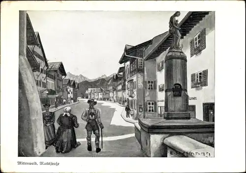 Künstler Ak Stegmann, E., Mittenwald in Oberbayern, Häuserpartie an der Marktstraße, Brunnen