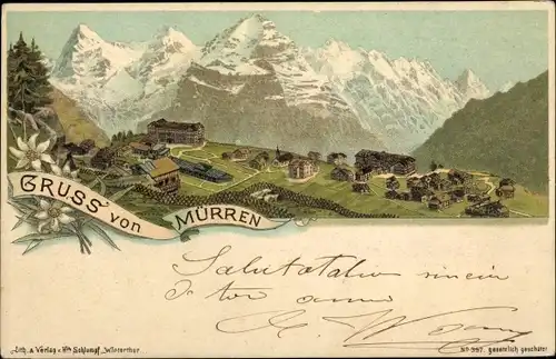 Litho Mürren Kt. Bern Schweiz, Ortschaft mit Landschaftsblick