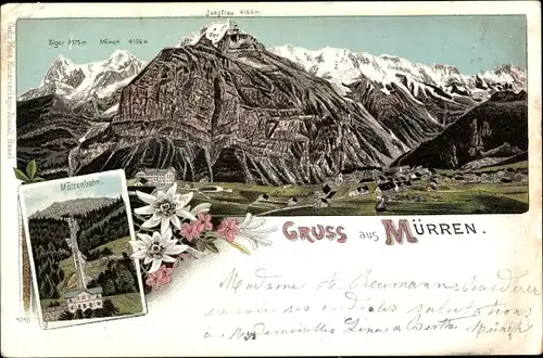 Litho Mürren Kt. Bern Schweiz, Mürrenbahn, Eiger, Mönch, Jungfrau