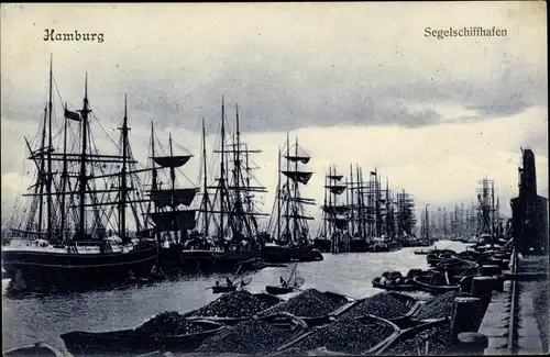 Ak Hamburg, Segelschiffhafen, Dreimaster, Kohletransportboote, Fischerboote