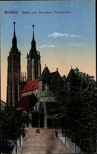 Ak Wrocław Breslau Schlesien, Straßenpartie mit Blick auf den Dom mit den neuen Turmspitzen