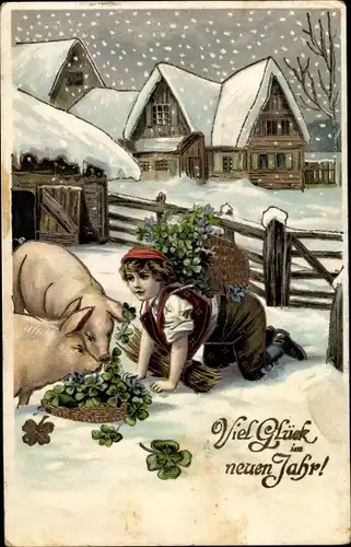 Präge Litho Glückwunsch Neujahr, Schweine fressen Kleeblätter, Junge mit Rückentrage