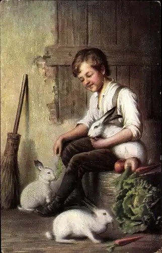 Künstler Ak Junge mit drei weißen Kaninchen mit roten Augen, Salat, Möhren