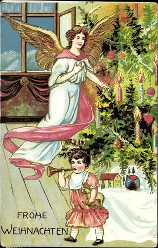 Präge Ak Frohe Weihnachten, Engel, Tannenbaum, Kind mit Geschenken