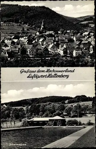 Ak Hallenberg im Sauerland, Teilansicht vom Ort mit St. Heribert Kirche, Schwimmbad