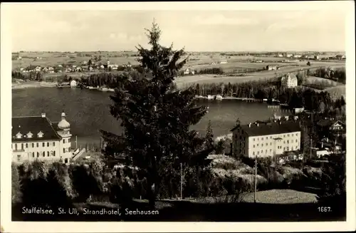 Ak Seehausen am Staffelsee, Sicht auf St. Uli und Strandhotel