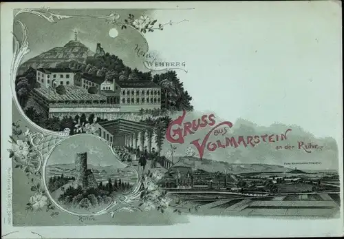 Mondschein Litho Volmarstein Wetter an der Ruhr, Hotel Wehberg, Ruine