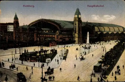 Ak Hamburg, Hauptbahnhof, Straßenbahnen, Autos, Passanten