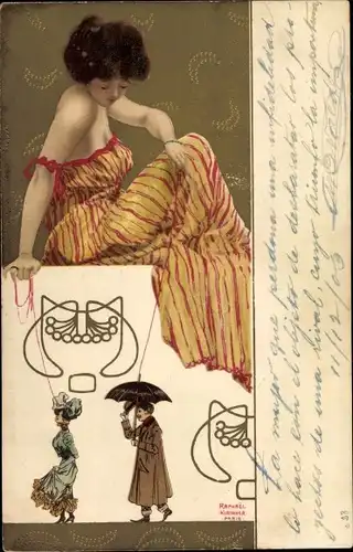 Jugendstil Litho Kirchner, Raphael, Dame im gestreiften Kleid, Marionetten, Mann mit Schirm