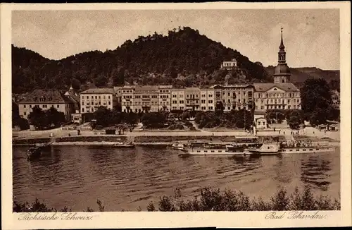 Ak Bad Schandau an der Elbe, See, Dampfer, Kirche, Wohnhäuser