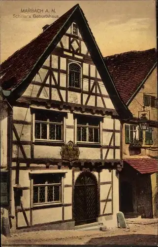 Ak Marbach am Neckar, Schiller's Geburtshaus, Straßenansicht, Fachwerkhaus