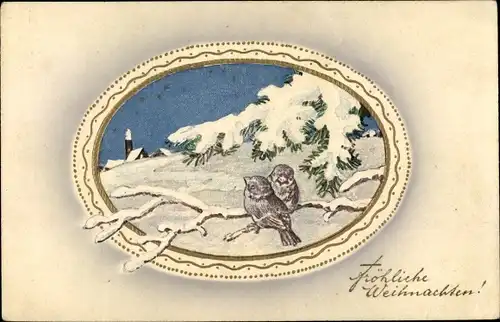 Präge Passepartout Ak Frohe Weihnachten, Vögel auf Zweig, Schneelandschaft