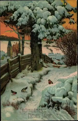 Präge Ak Glückwunsch Neujahr, Winterlandschaft, Vögel