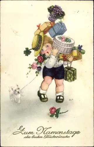Künstler Ak Glückwunsch Namenstag, Kind mit Geschenkschachteln, Blumen, Hund