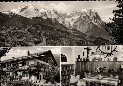 Ak Garmisch Partenkirchen in Oberbayern, Fremdenheim Josefihof, Außenansicht, Inneres, Alpenpanorama