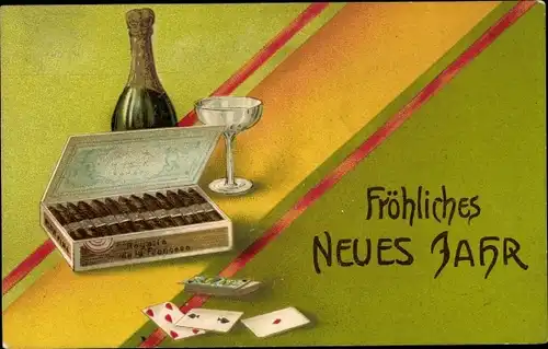 Präge Ak Glückwunsch Neujahr, Sektflasche, Zigarrenkiste, Spielkarten