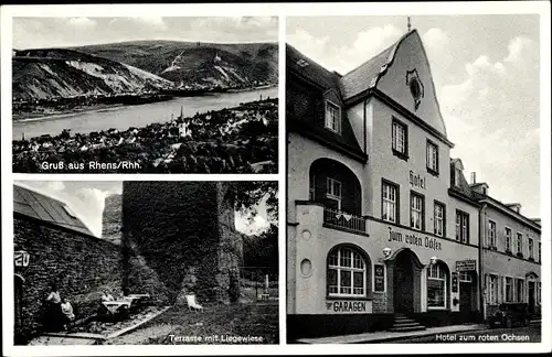 Ak Rhens in Rheinland Pfalz, Hotel zum roten Ochsen, Inh. Rudolf Kochhäuser, Terrasse, Liegewiese 