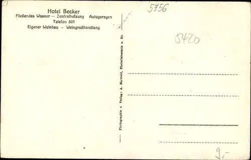 Ak Niederlahnstein Lahnstein im Rhein Lahn Kreis, Hotel Becker