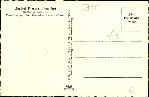 Ak Holzgau in Tirol, Gasthof Pension Neue Post, Bes. E. Hammerle, Tabaktrafik
