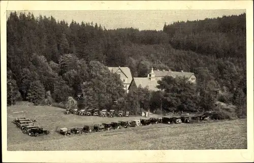 Ak Freiberg in Sachsen, Blick auf Schrödermühle, Ausflugsort, Häuser, parkende Automobile