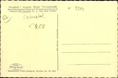 Ak Neudorf Sehmatal Erzgebirge, Hotel Vierenstraße, Außenansicht bei, Bes. Max Feuker, Schnee