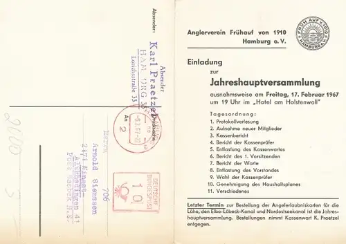 Ak Hamburg, Anglerverein Frühauf von 1910, Einladung zur Jahreshauptversammlung, Karl Praetzel